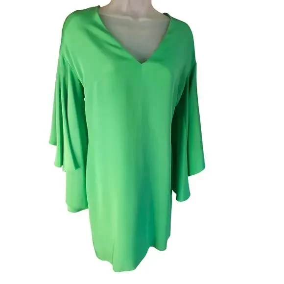 Ralph Lauren Green Shift Dress Sz 4 3/4 length Bell Sleeves V Neck - Picture 2 of 9